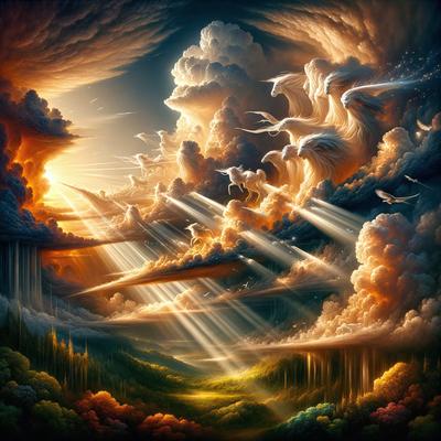 Primary subject: A painting of a sunset with clouds and a rainbow.

Setting/background: The painting features a beautiful landscape with a sunset, clouds, and a rainbow.

Visual style: The image is a digital art painting.

Colors and mood: The painting is predominantly orange and yellow, creating a warm and inviting atmosphere.